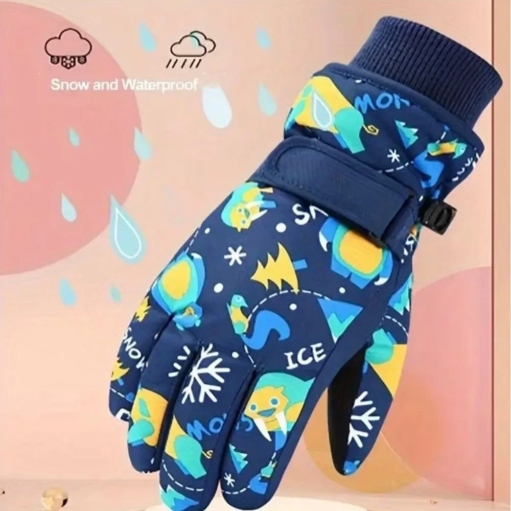 Kids Winter Snowboarding Ski Gloves 9-13 YO‎ Gray Animals Snow Insulated Warm